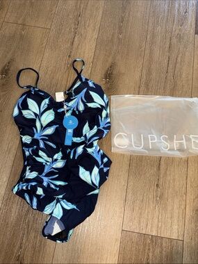 Cupshe Navy One-Piece Swimsuit with Light Blue Leaf Print